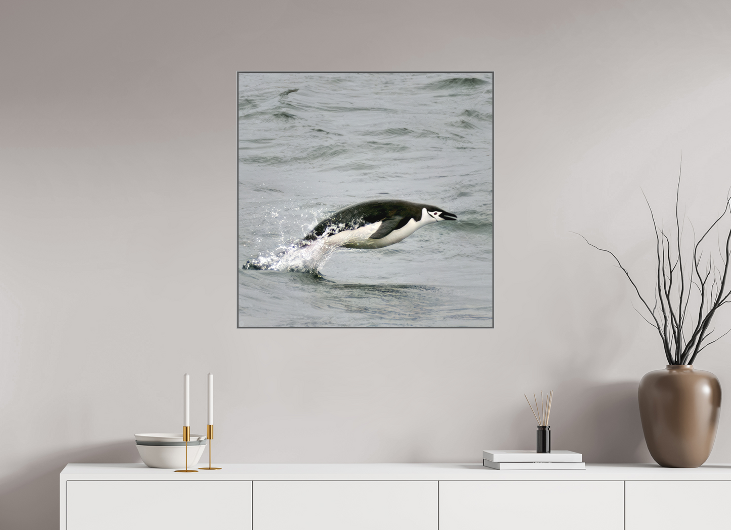 30 x 30″, Framed, laminated, color print on metal. Flying Solo - Framed Chinstrap Penguin Fine Art Photography Print | Richard H Knight