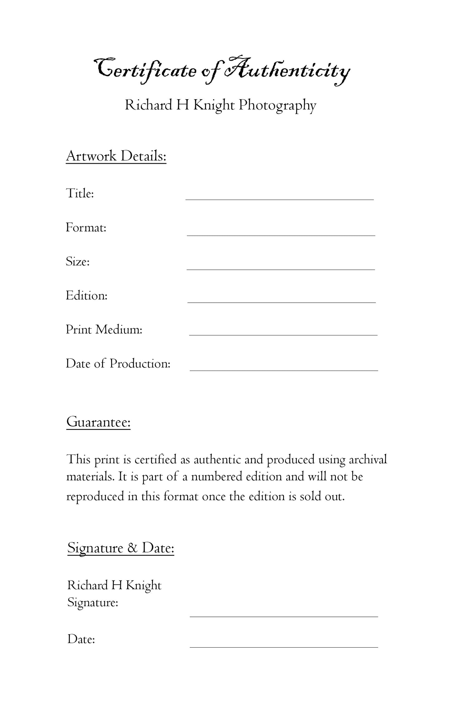 Certificate of Authenticity for artwork with fields for details and signature