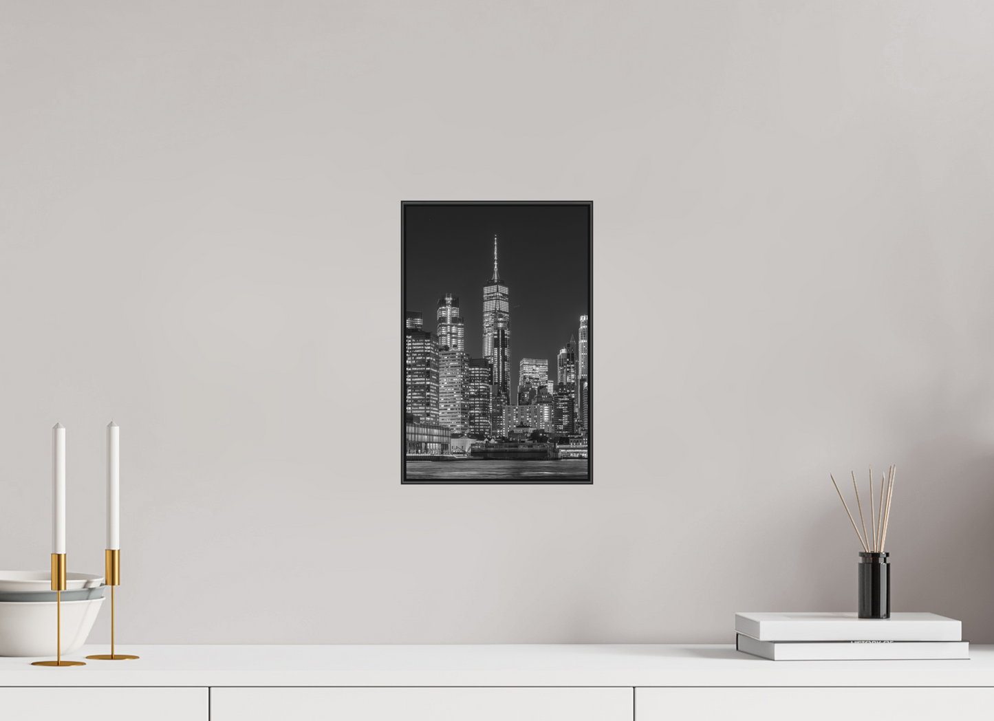 8 x 12″, Blk Art Box|B&W|Matte Acrylic Manhattan at Night — Framed Black & White Cityscape Fine Art Photography Print | Richard H Knight