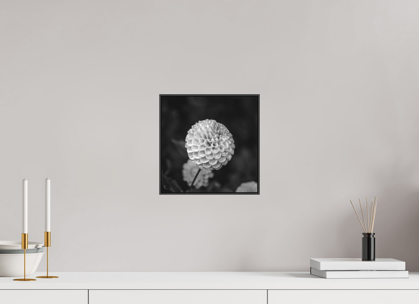 10 x 10″, Blk Art Box|B&W|Matte Acrylic Echoes of Rain — Framed Black & White Dahlia Fine Art Photography Print | Richard H Knight
