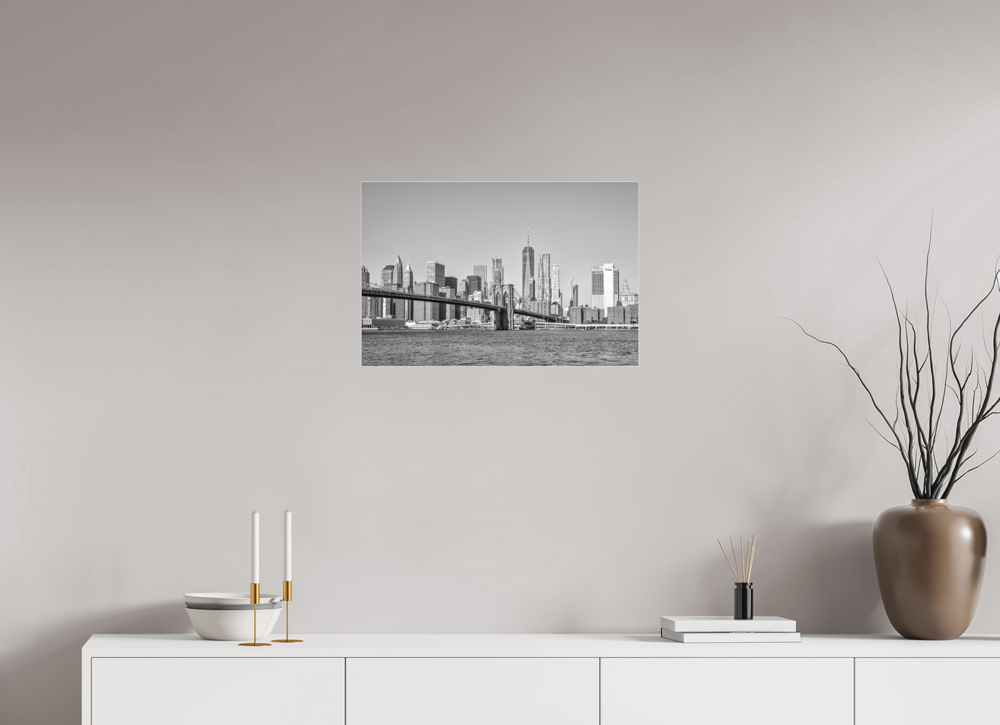 24 x 16″, Framed Print under Matte Acrylic Threads — Framed Brooklyn Bridge Black & White Fine Art Photography Print | Richard H Knight