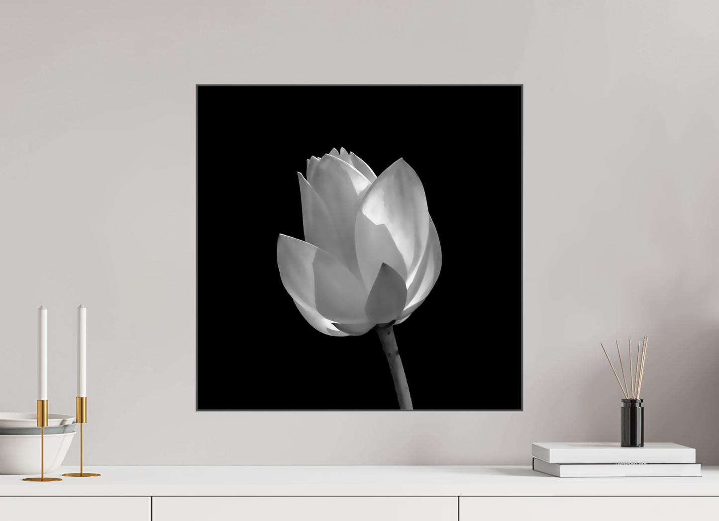 20 x 20″, Framed Giclée Print on Metal Art Study — Framed Black & White Lily Fine Art Photography Print | Richard H Knight