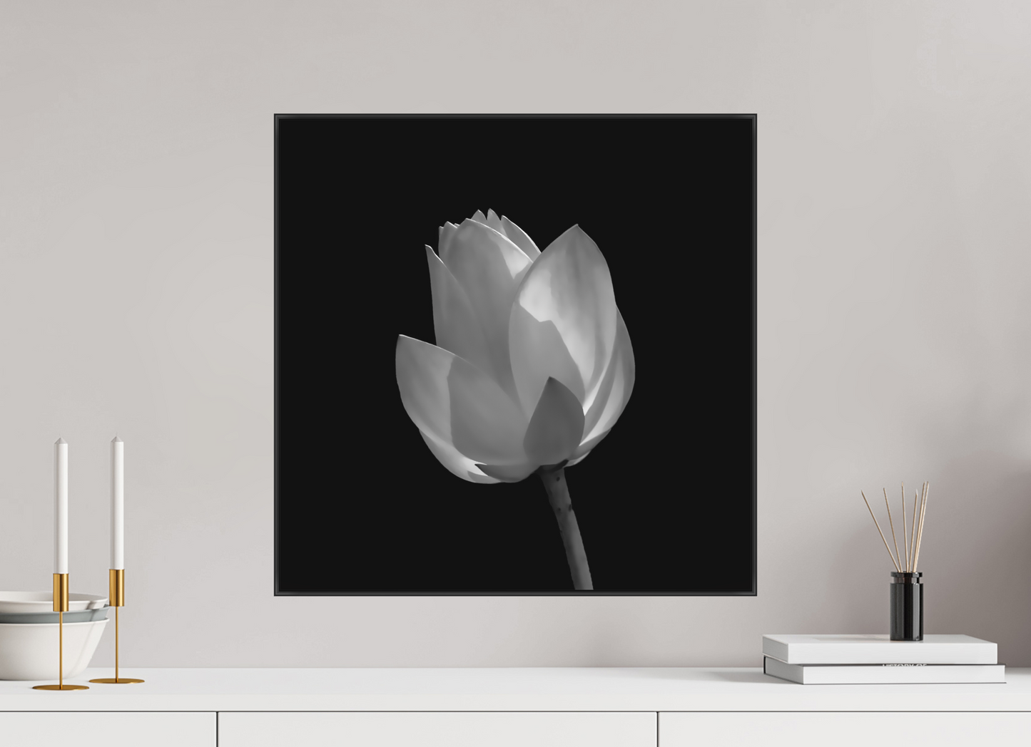 20 x 20″, Blk Art Box|B&W|Matte Acrylic Art Study — Framed Black & White Lily Fine Art Photography Print | Richard H Knight
