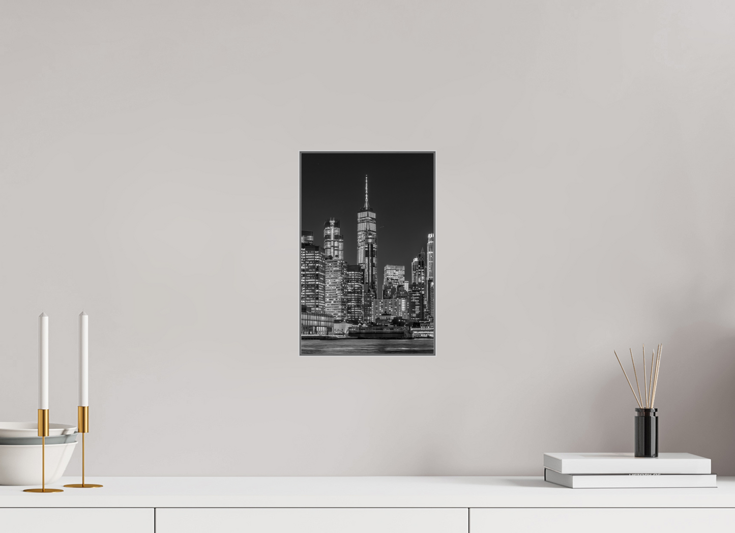 Manhattan at Night-Framed B&W Print on Metal by Richard H Knight