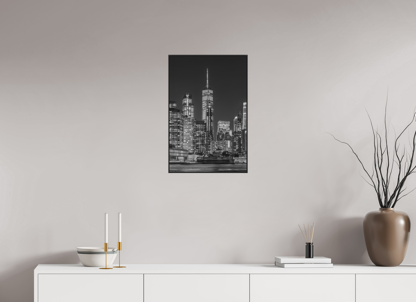 16 x 24″, Blk Art Box|B&W|Matte Acrylic Manhattan at Night — Framed Black & White Cityscape Fine Art Photography Print | Richard H Knight