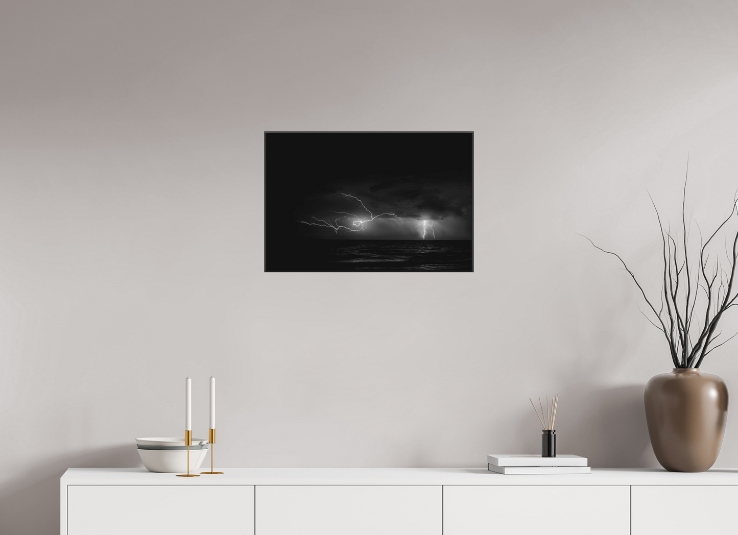 24 x 16″, Blk Art Box|B&W|Matte Acrylic Fracture — Framed Lightning Storm Fine Art Photography Print | Richard H Knight