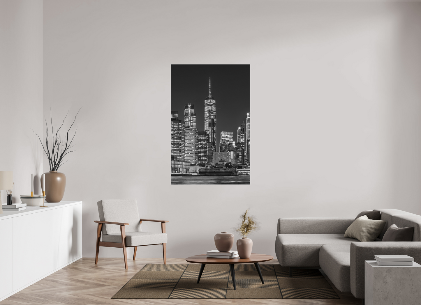 Manhattan at Night-Framed B&W Print Under Acrylic by Richard H Knight