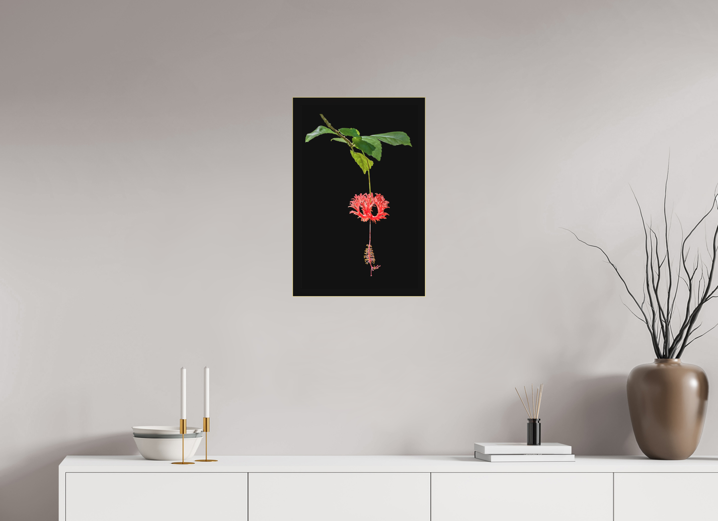 Nature's Ornament - Japanese lantern hibiscus fine art print above a credenza with candles, books and a vase on top, 16 x 24″, Matte Acrylic | Richard H Knight Photography
