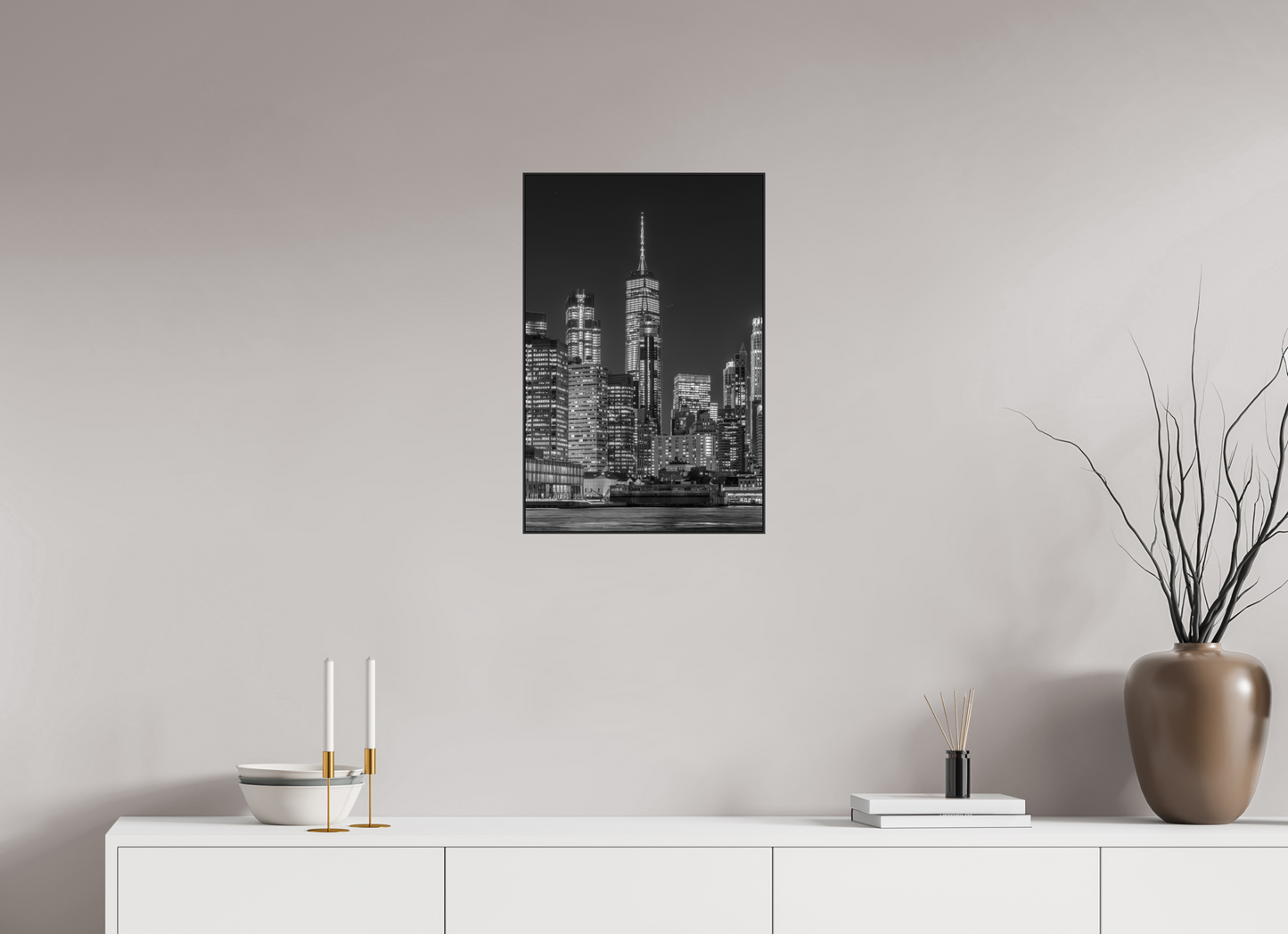 16 x 24″, Blk Art Box|Fine Art|AlDibond Manhattan at Night — Framed Black & White Cityscape Fine Art Photography Print | Richard H Knight