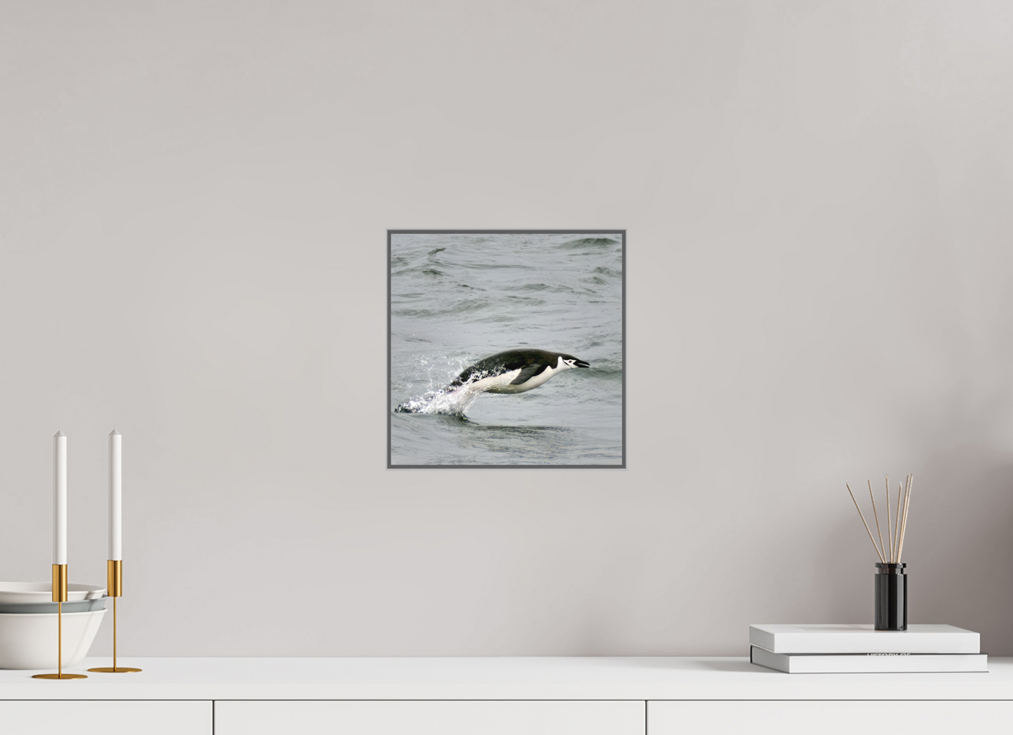 10 x 10″, Framed, laminated, color print on metal. Flying Solo - Framed Chinstrap Penguin Fine Art Photography Print | Richard H Knight