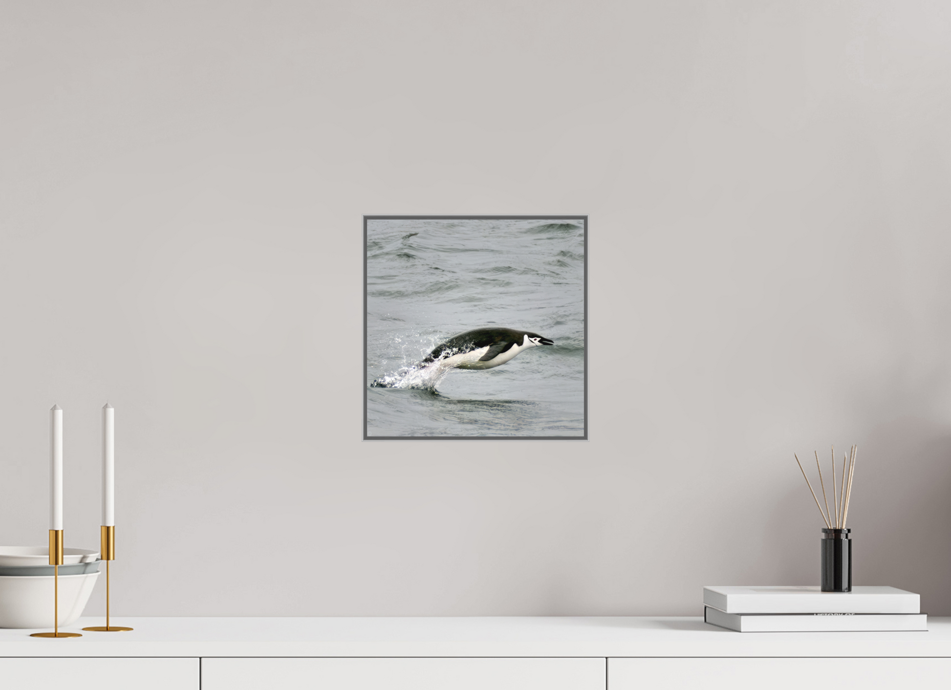 10 x 10″, Framed, laminated, color print on metal. Flying Solo - Framed Chinstrap Penguin Fine Art Photography Print | Richard H Knight