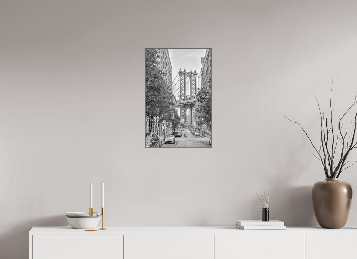 16 x 24″, Framed Giclée Print on Metal Passing — Framed Manhattan Bridge Black & White Fine Art Photography Print | Richard H Knight