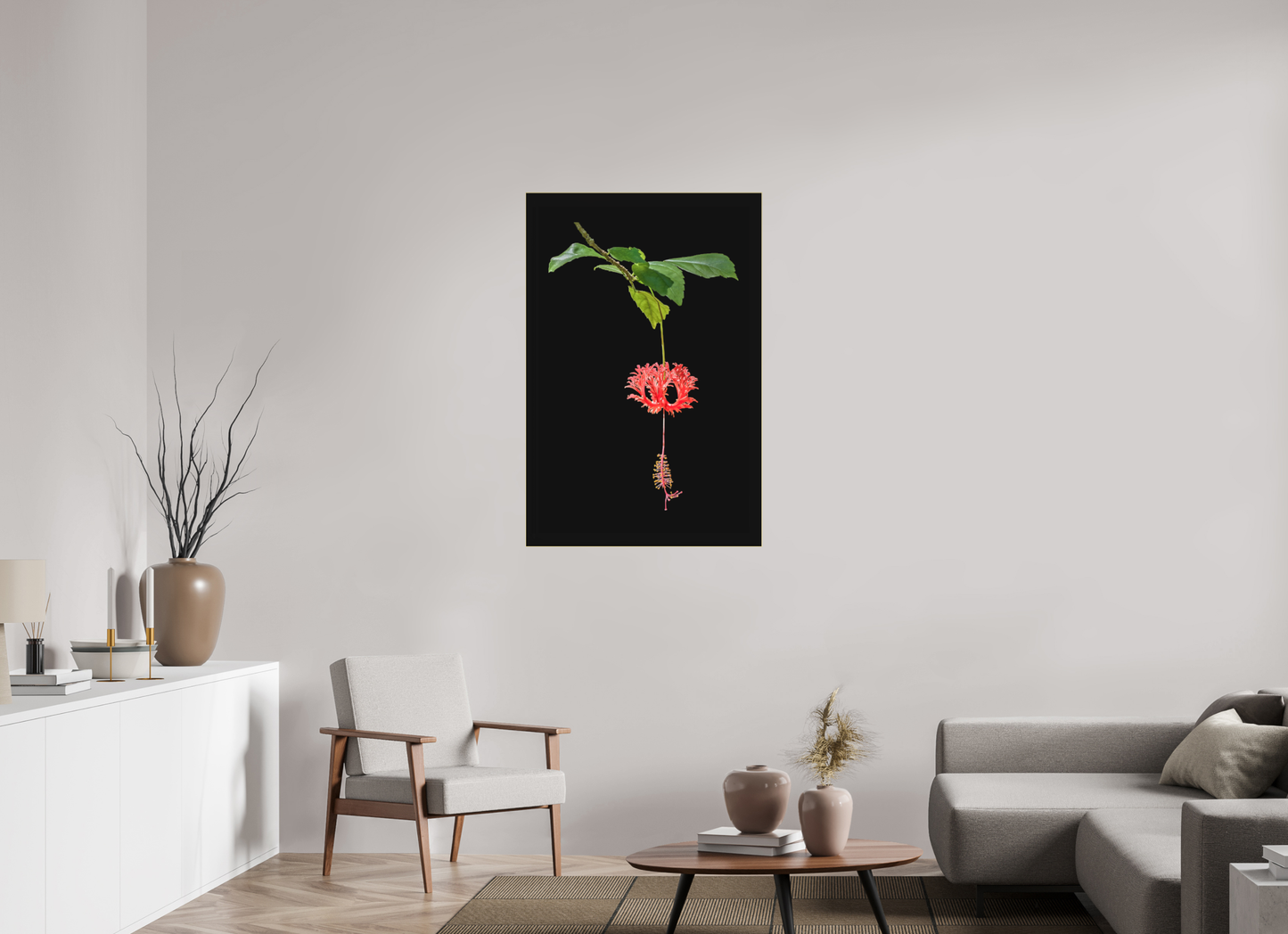 Nature's Ornament - Japanese lantern  hibiscus fine art print in a modern living room with credenza, chair, rug and sofa, 30 x 45″, Matte Acrylic | Richard H Knight Photography