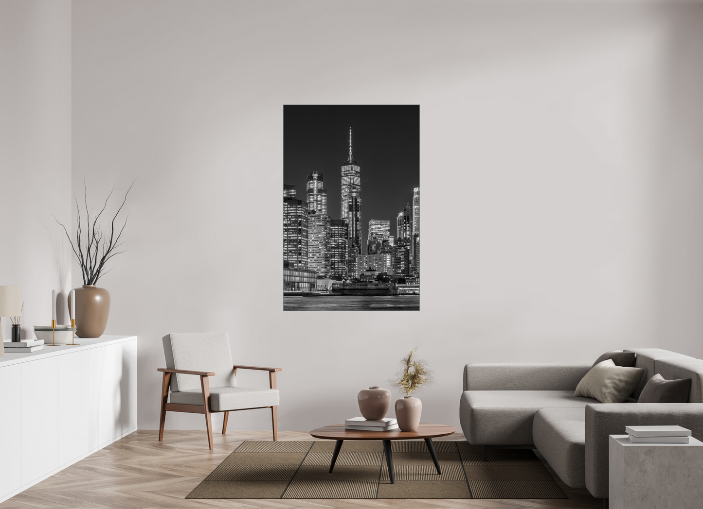 Manhattan at Night-Framed B&W Print on Metal by Richard H Knight