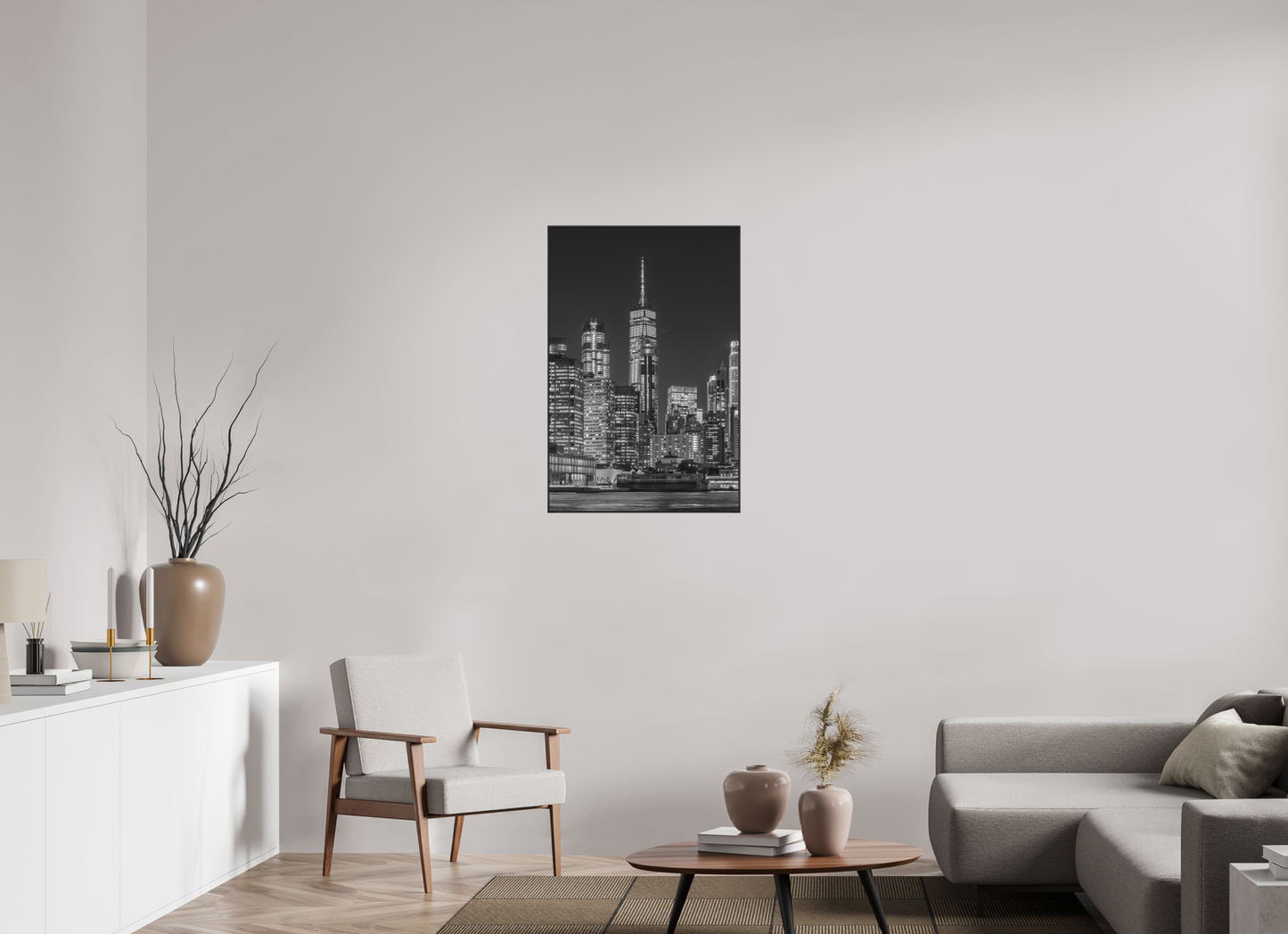 24 x 36″, Blk Art Box|B&W|Matte Acrylic Manhattan at Night — Framed Black & White Cityscape Fine Art Photography Print | Richard H Knight