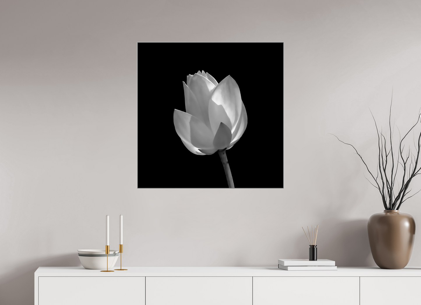 30 x 30″, Framed Giclée Print on Metal Art Study — Framed Black & White Lily Fine Art Photography Print | Richard H Knight