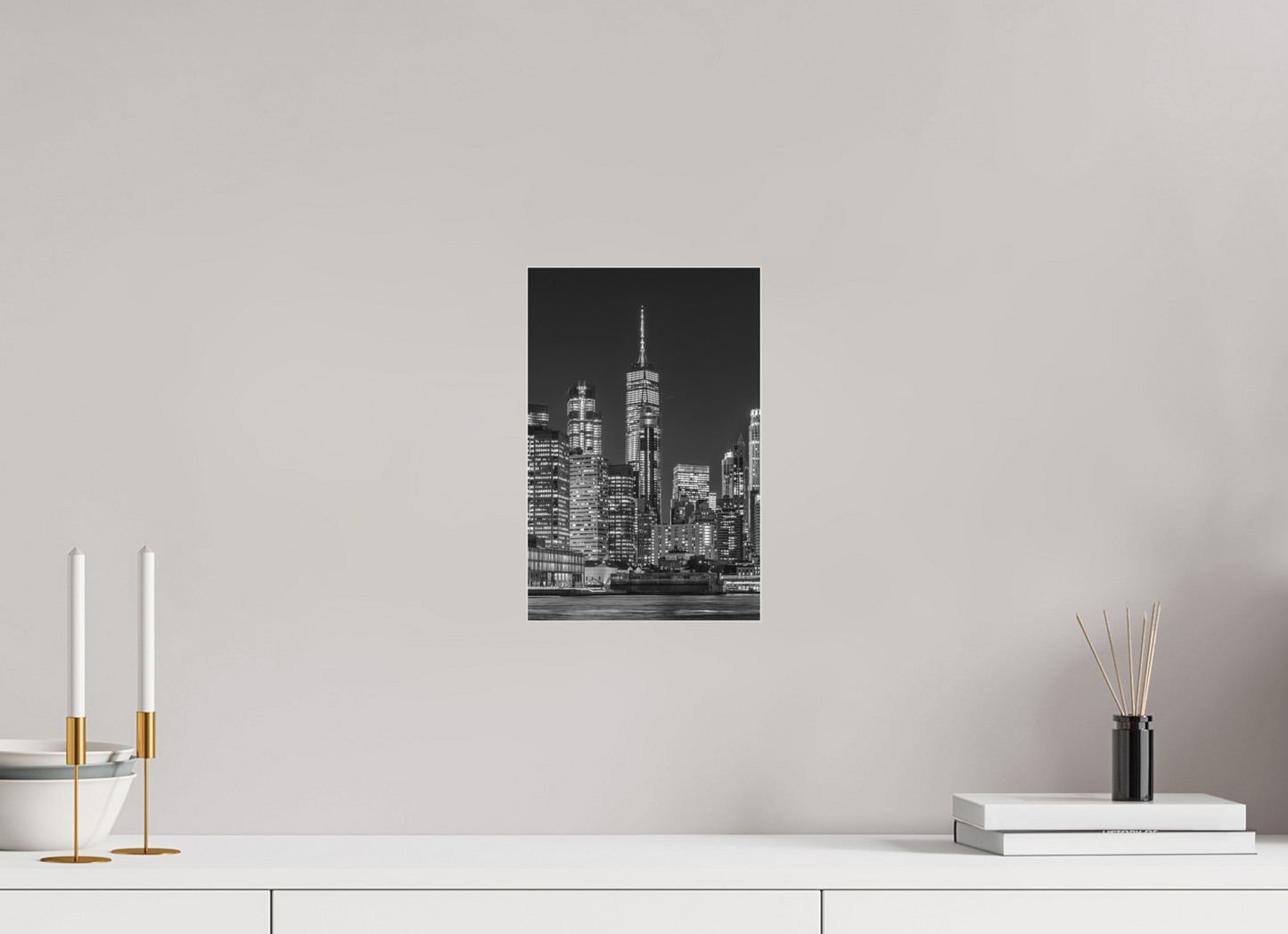 Manhattan at Night-Framed B&W Print Under Acrylic by Richard H Knight